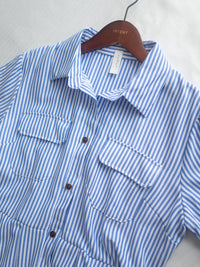 Striped Shirt Dress 藍白拼接直條紋恤衫連身裙/DS1168