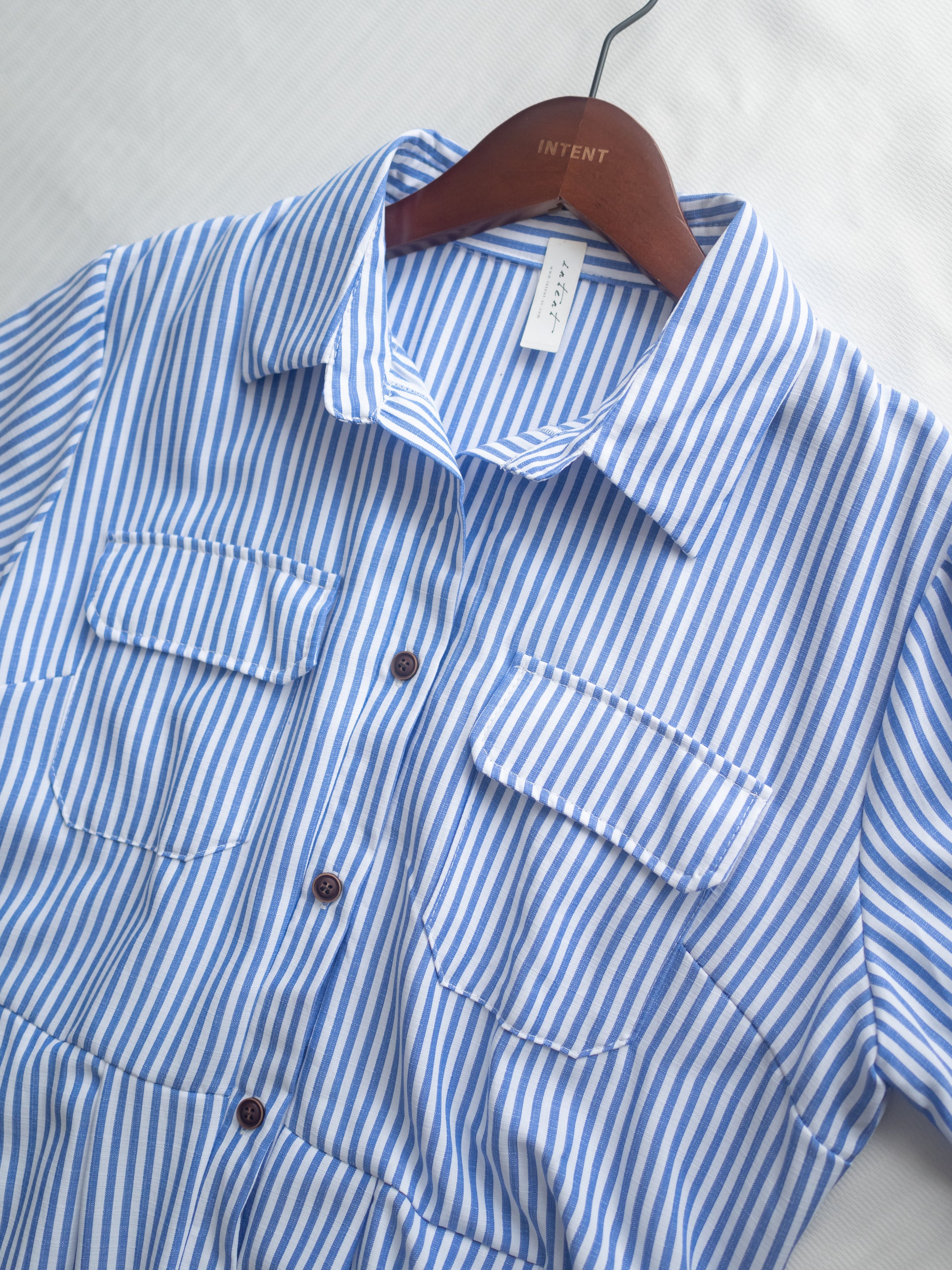 Striped Shirt Dress 藍白拼接直條紋恤衫連身裙/DS1168