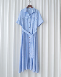 Striped Shirt Dress 藍白拼接直條紋恤衫連身裙/DS1168