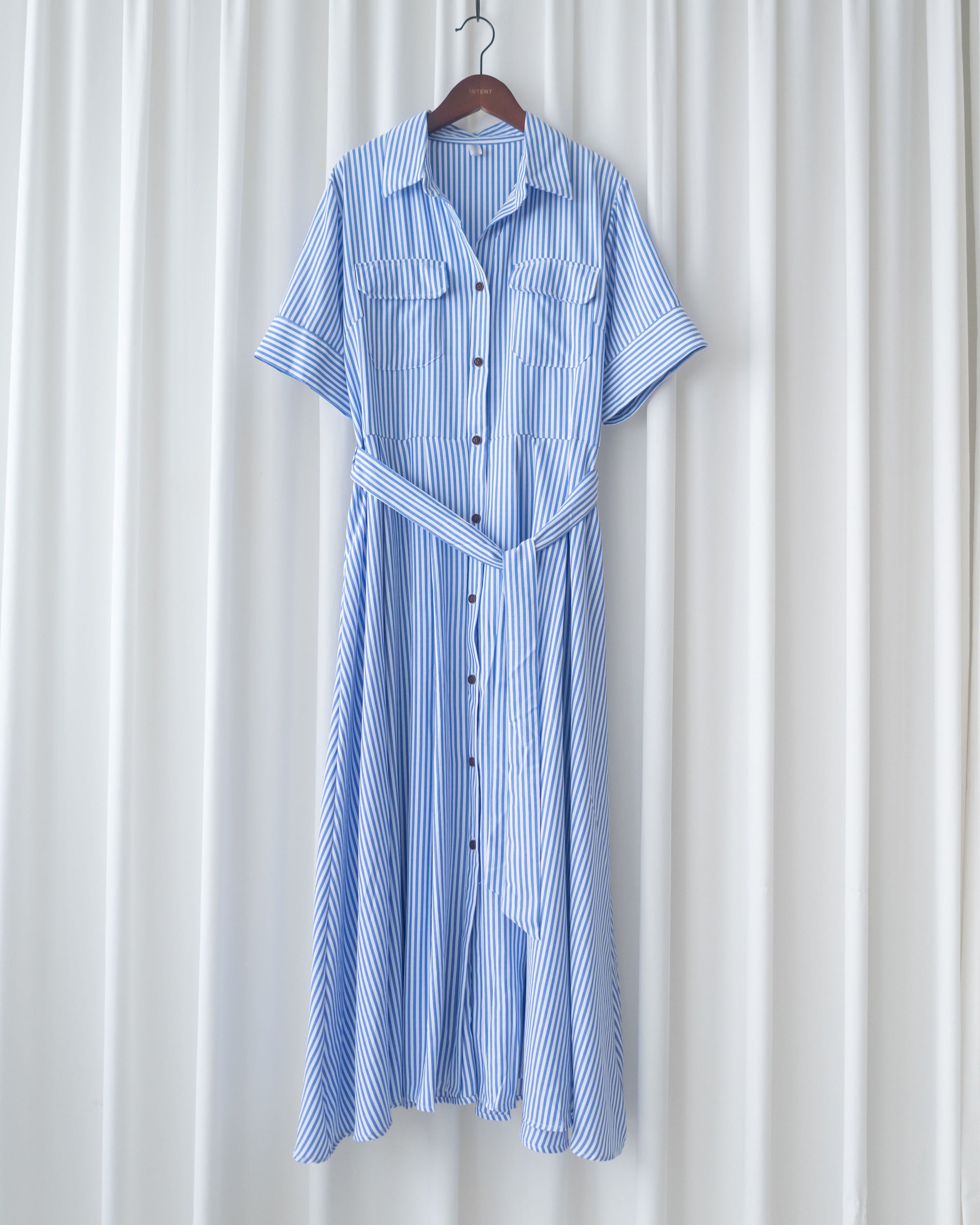 Striped Shirt Dress 藍白拼接直條紋恤衫連身裙/DS1168