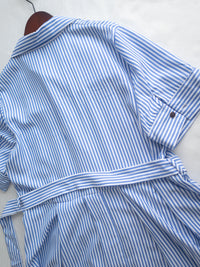 Striped Shirt Dress 藍白拼接直條紋恤衫連身裙/DS1168