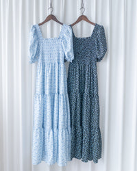 Smocked Floral Dress 方領印花後抓皺修身綁帶連身裙/ DS1182