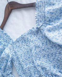 Smocked Floral Dress 方領印花後抓皺修身綁帶連身裙/ DS1182