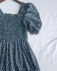 Smocked Floral Dress 方領印花後抓皺修身綁帶連身裙/ DS1182
