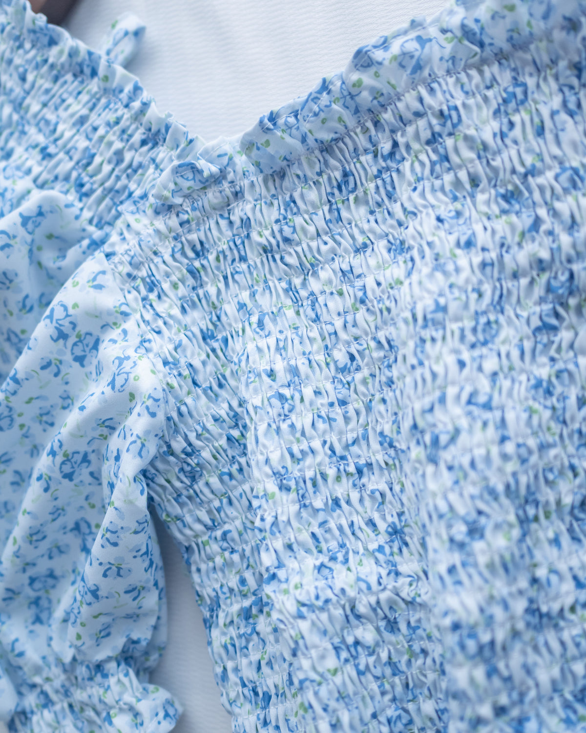Smocked Floral Dress 方領印花後抓皺修身綁帶連身裙/ DS1182