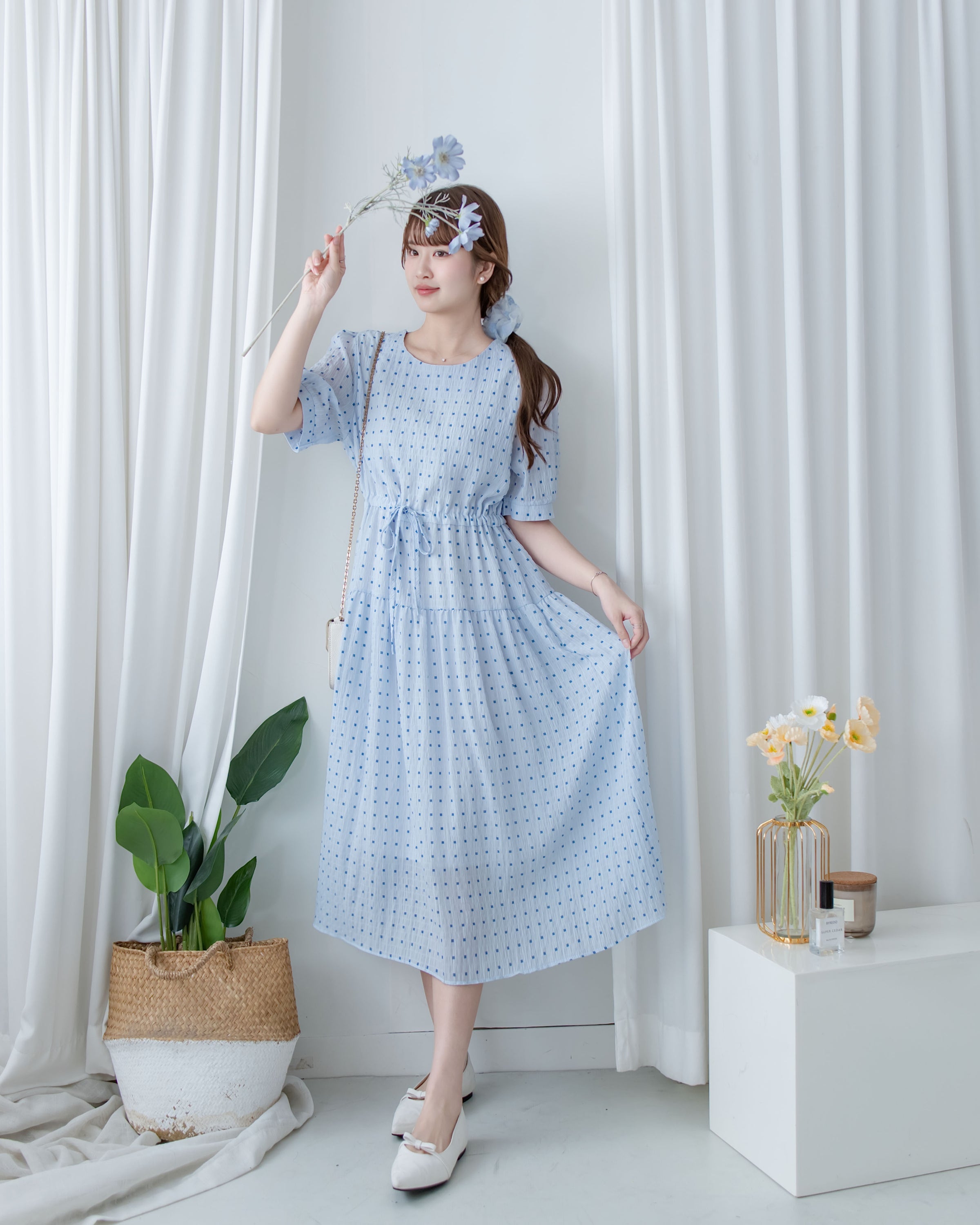 Square Palette Dress 幾何圖案珍珠後扣層次連身裙/ DS1104