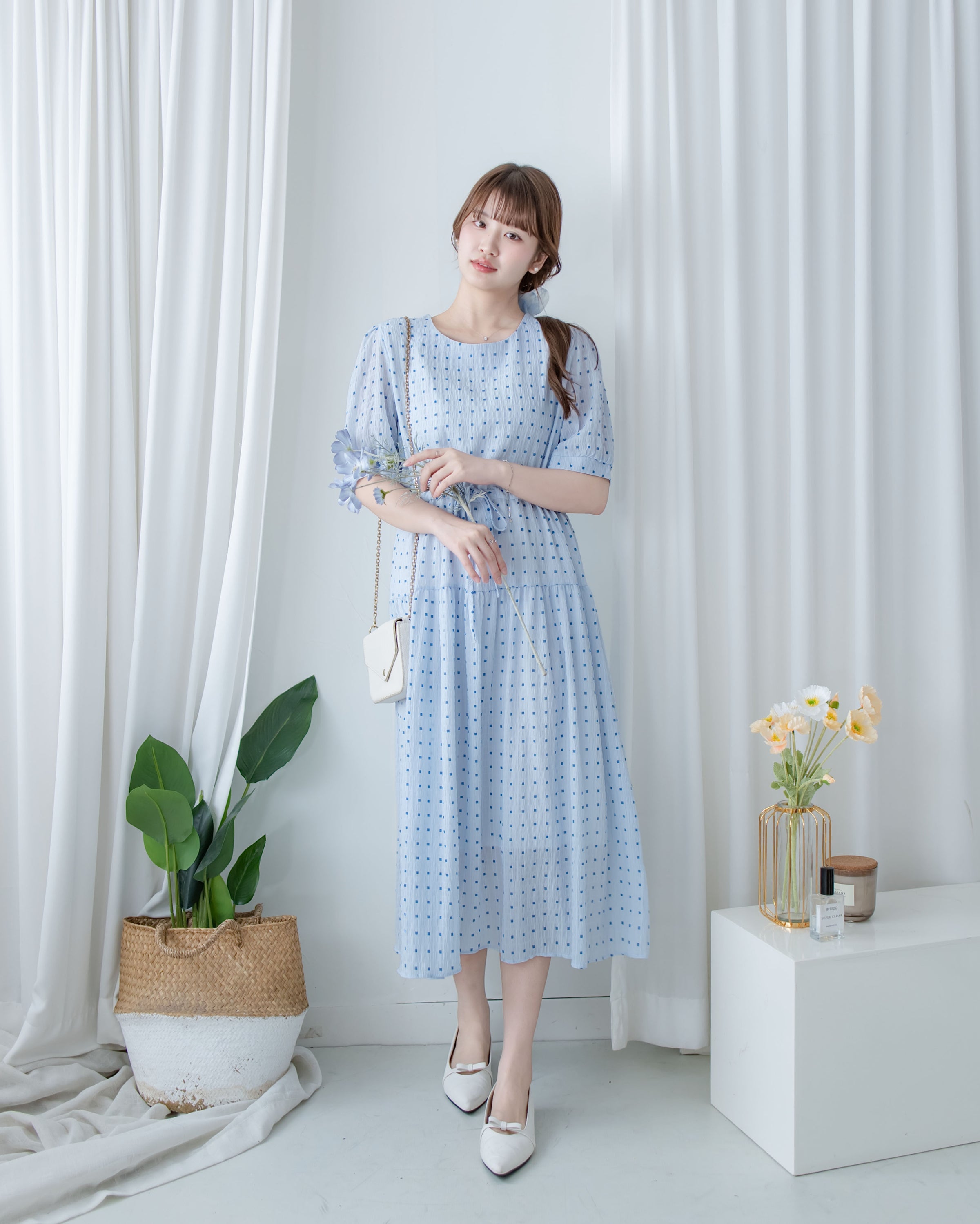 Square Palette Dress 幾何圖案珍珠後扣層次連身裙/ DS1104