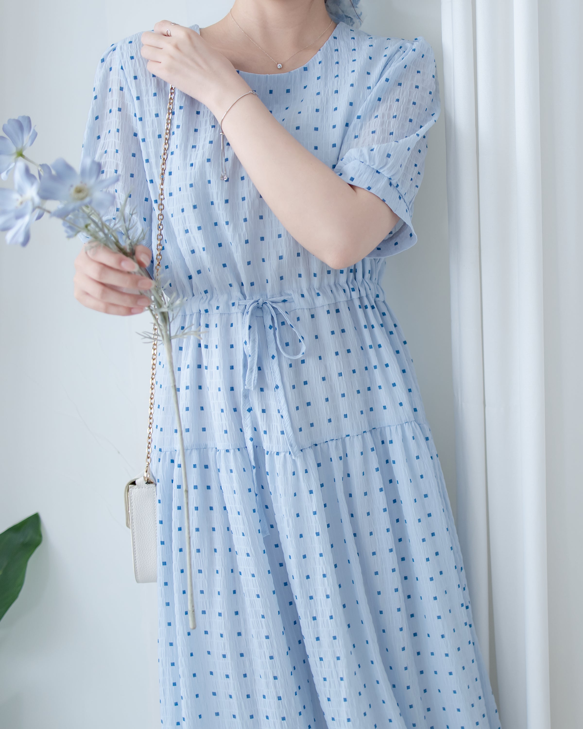 Square Palette Dress 幾何圖案珍珠後扣層次連身裙/ DS1104