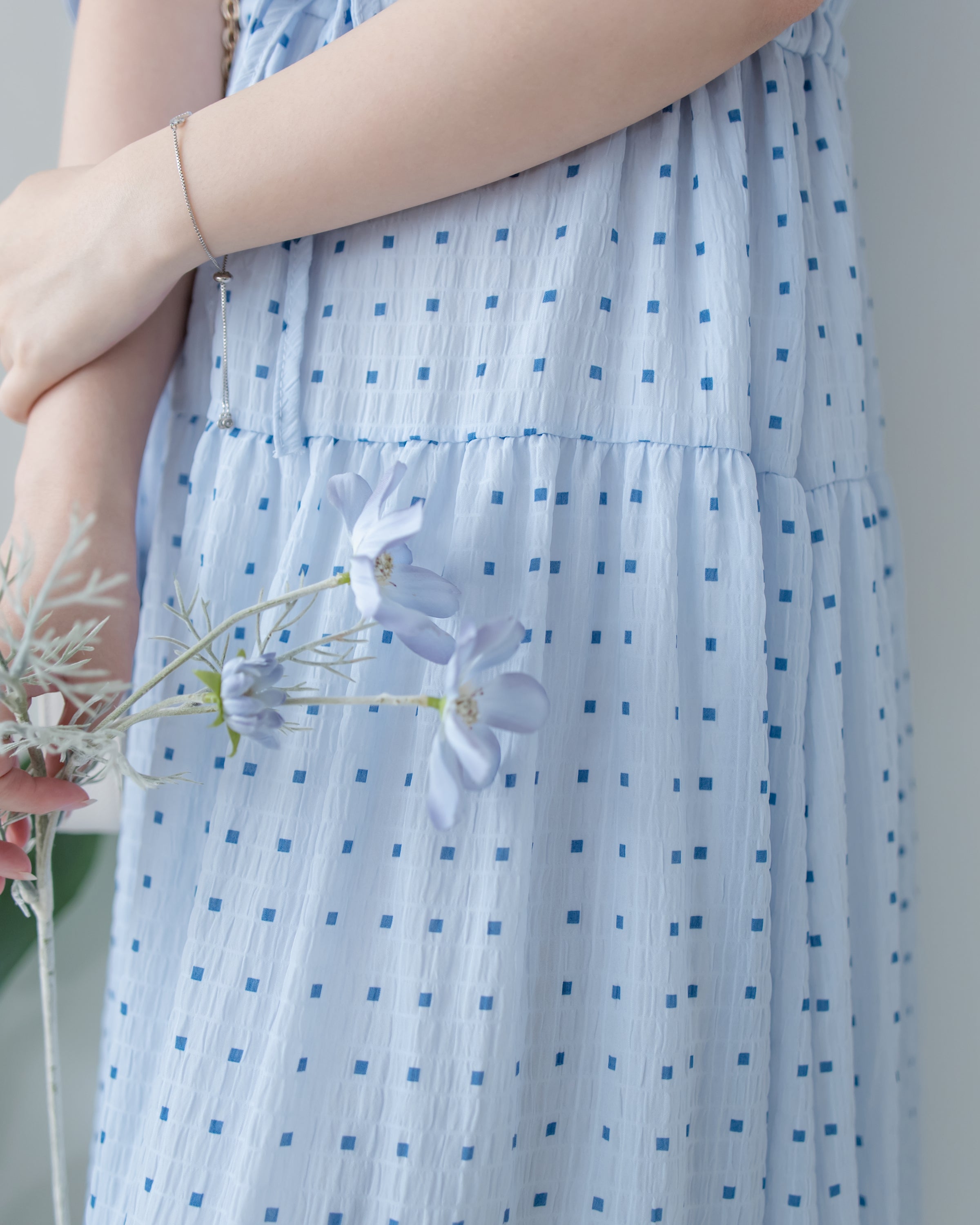 Square Palette Dress 幾何圖案珍珠後扣層次連身裙/ DS1104
