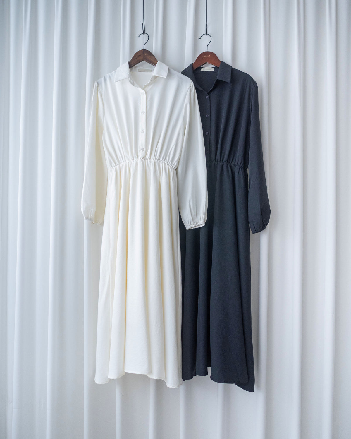 Shirt Dress 知性翻領橡筋腰線微絨連衣裙/ DS1195