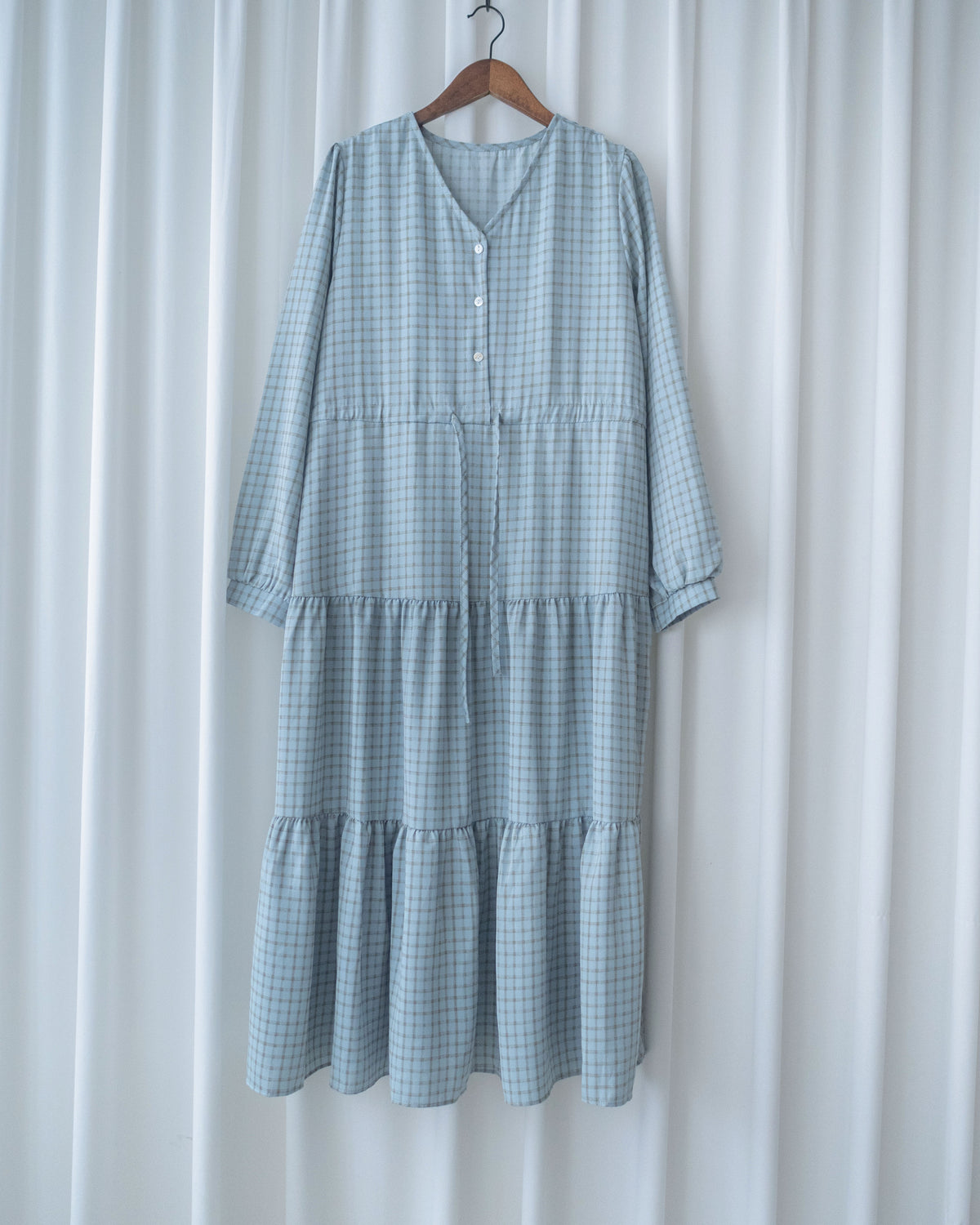 Tiffany Checked dress 湖水藍綠淡色細條格紋修腰連身裙/ DS1196