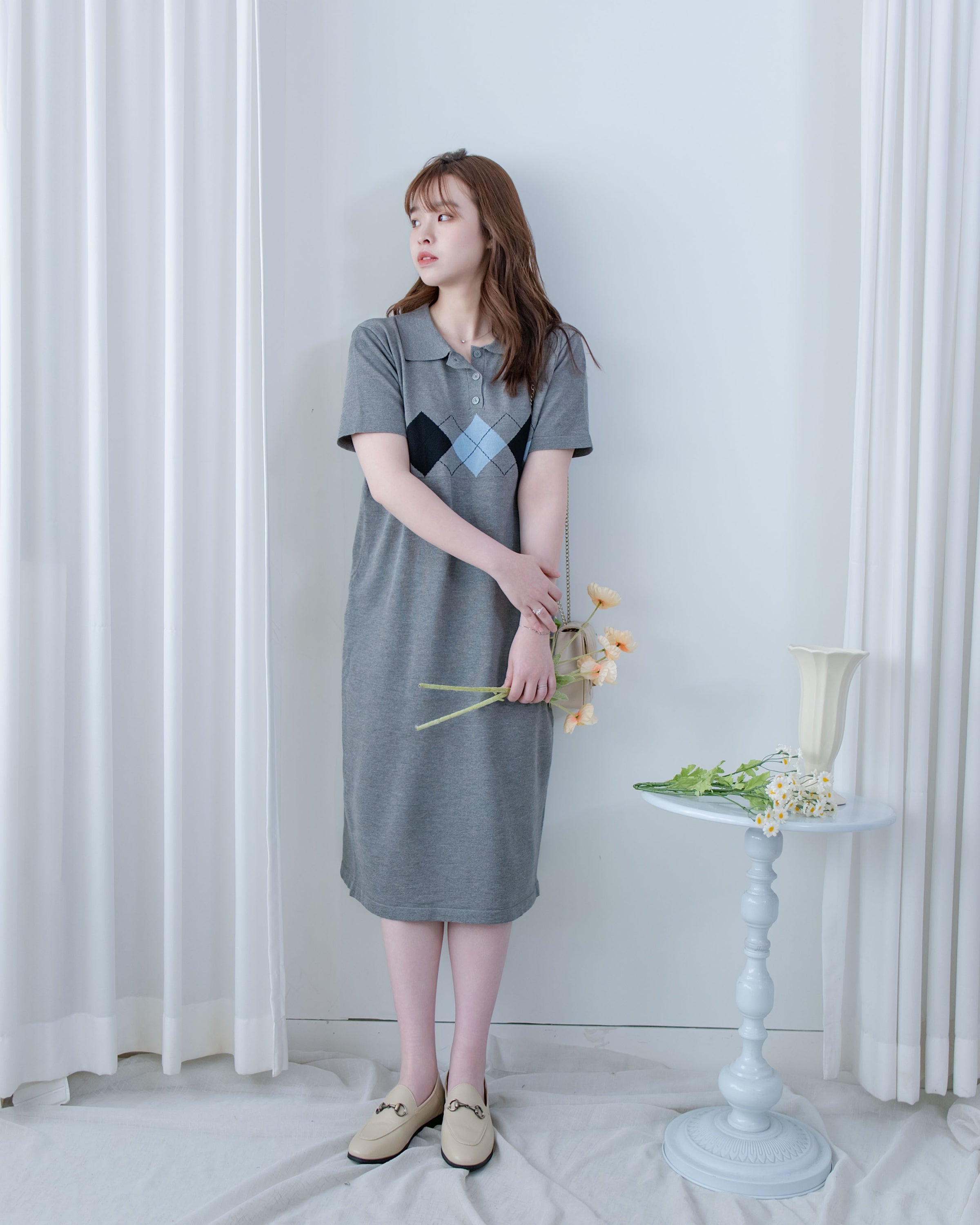 Check Knit Dress 英倫格紋翻領舒適連身裙/ DS1107