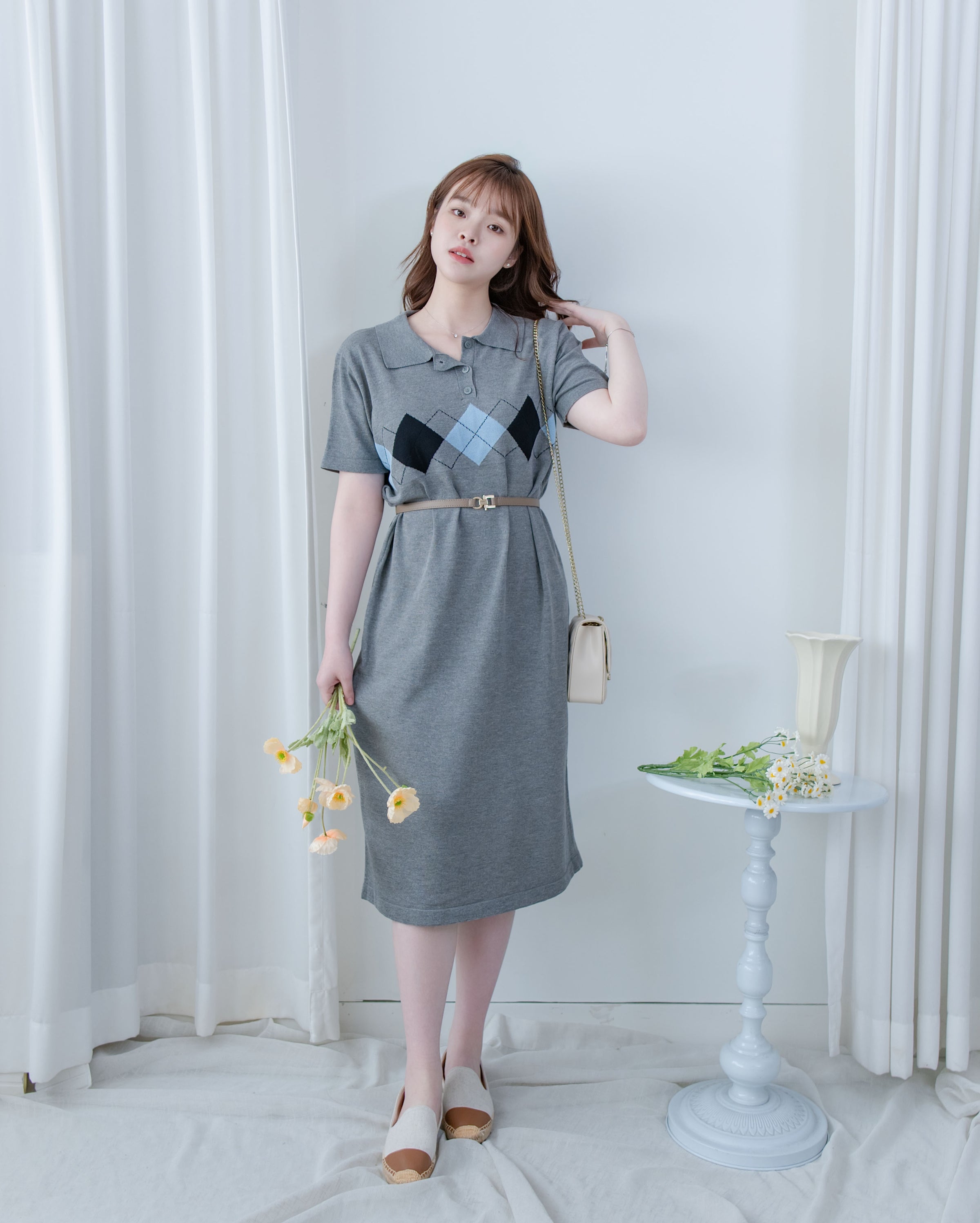 Check Knit Dress 英倫格紋翻領舒適連身裙/ DS1107