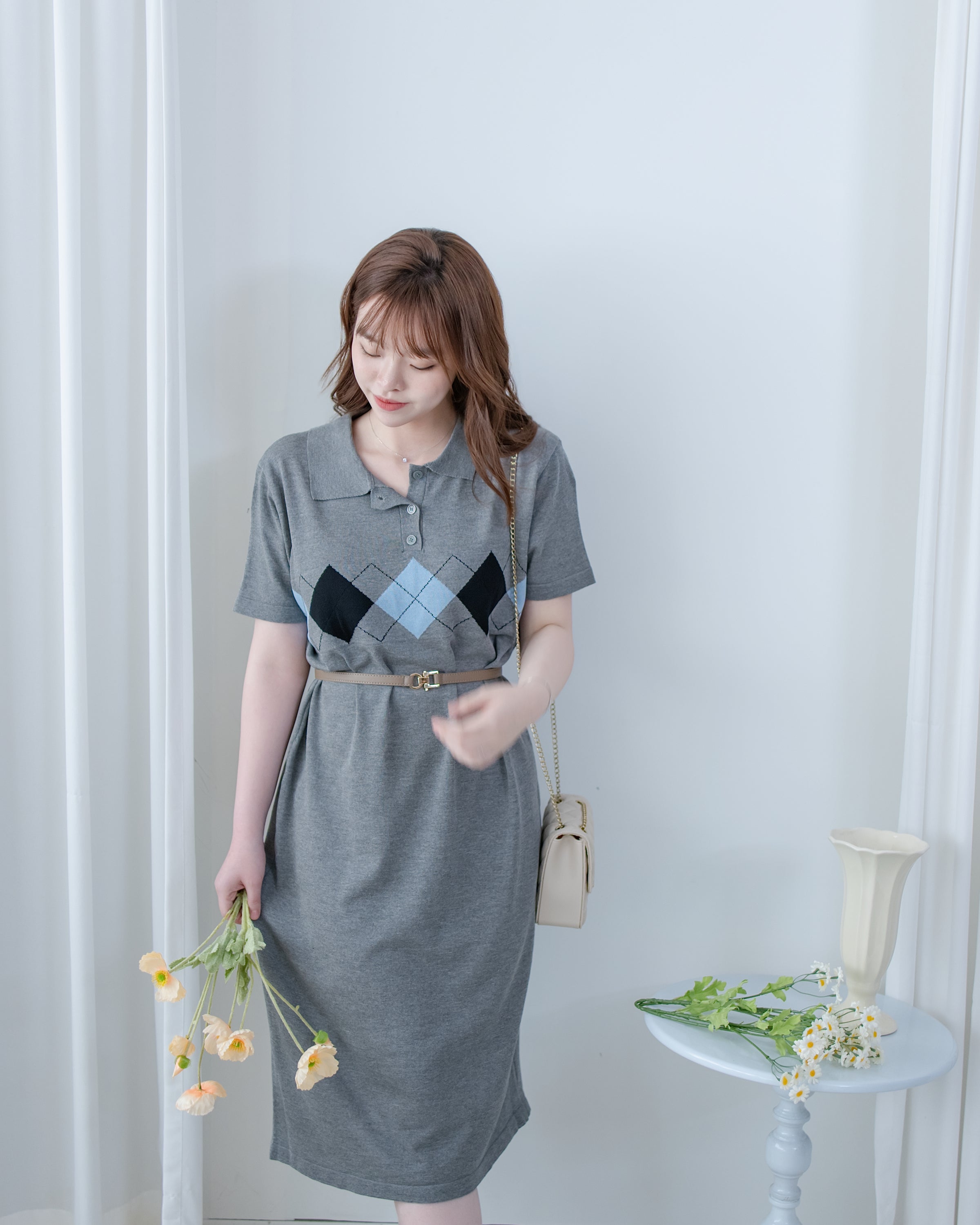 Check Knit Dress 英倫格紋翻領舒適連身裙/ DS1107