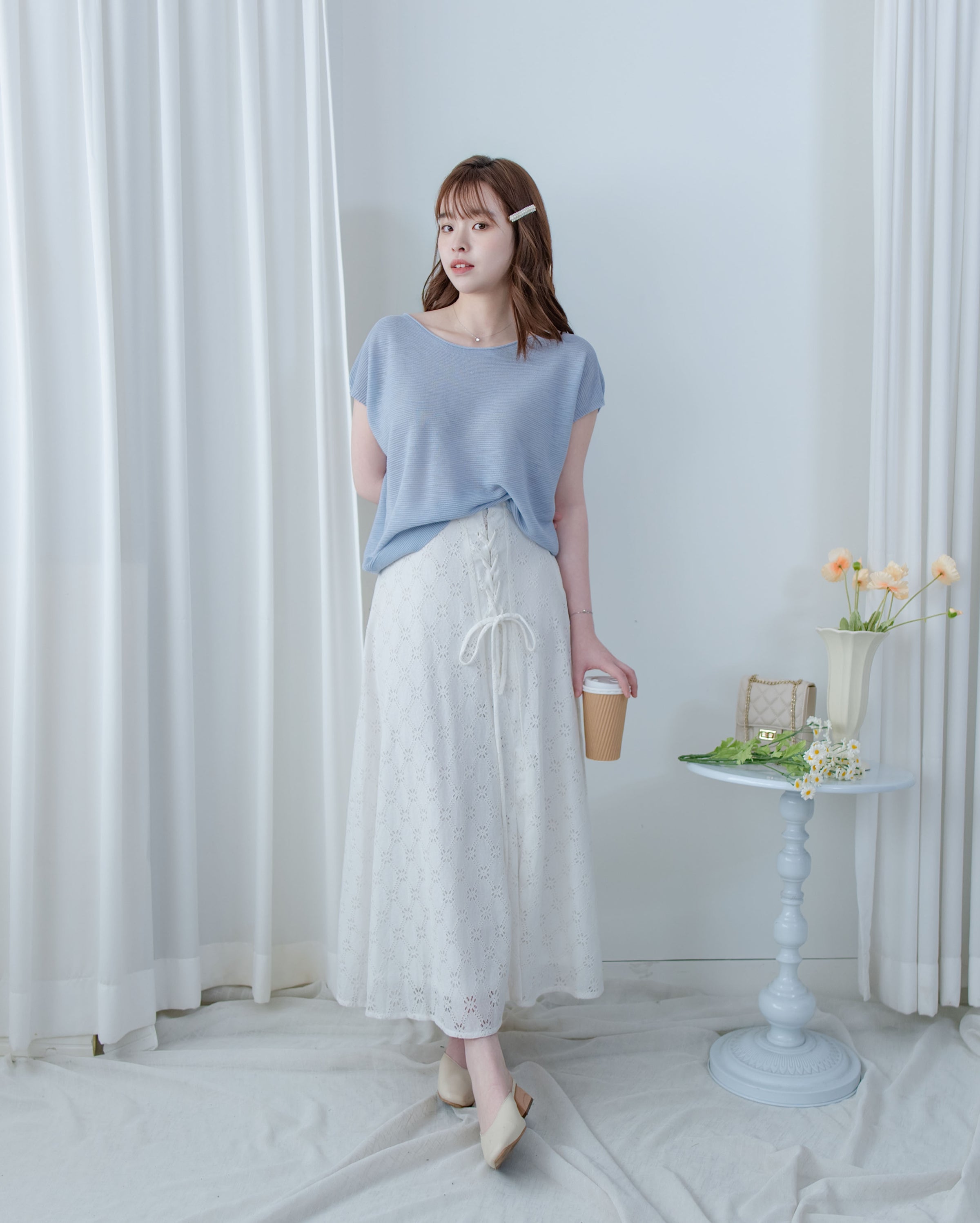 Embroidery Skirt 交叉打結棉質通花傘形半裙/ SK8941
