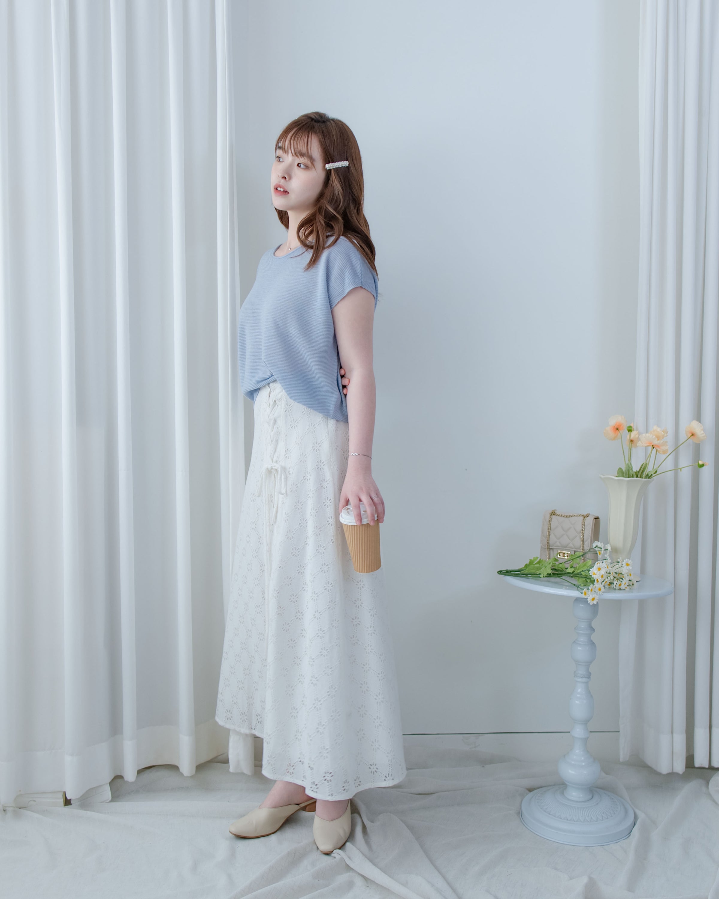 Embroidery Skirt 交叉打結棉質通花傘形半裙/ SK8941