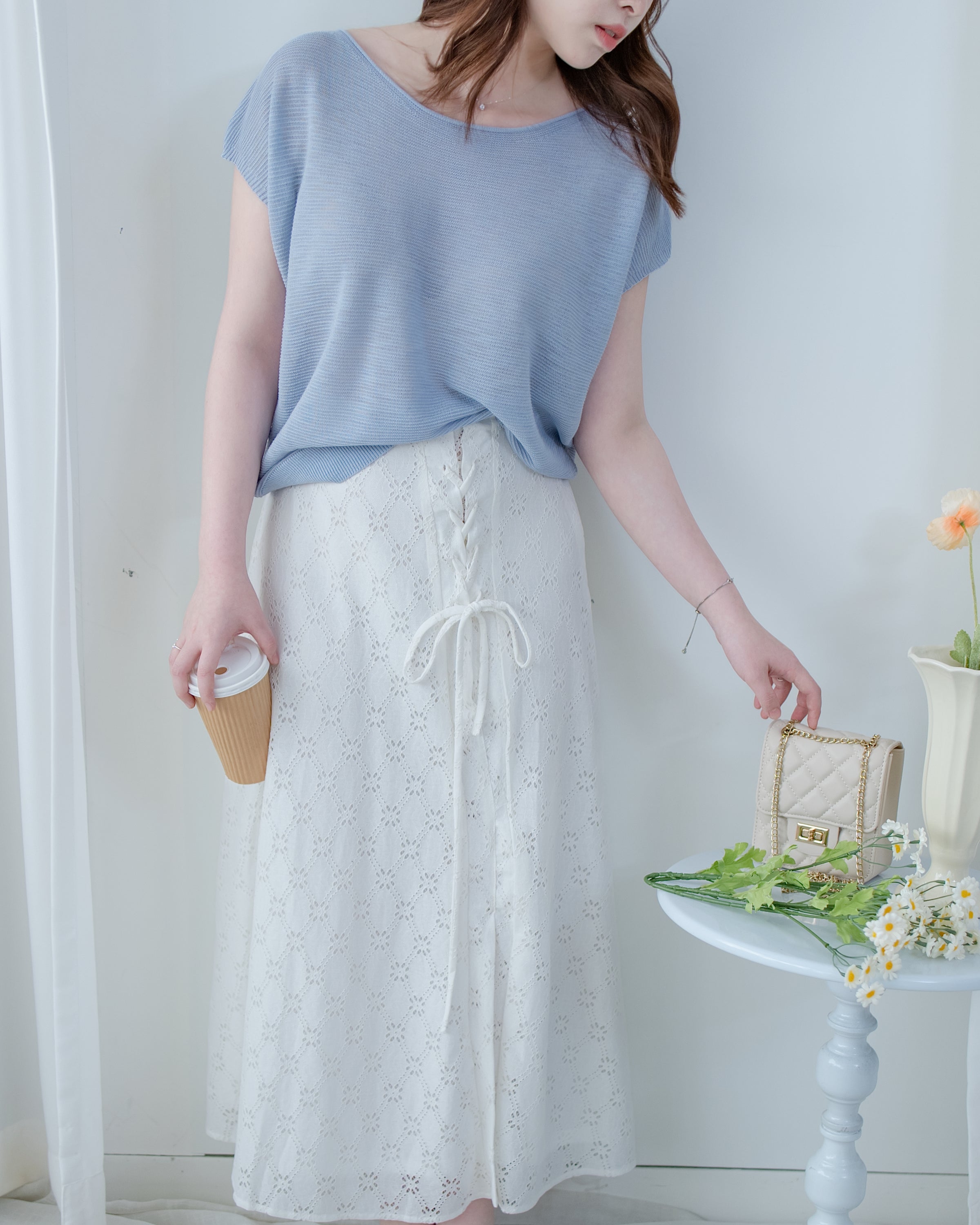 Embroidery Skirt 交叉打結棉質通花傘形半裙/ SK8941