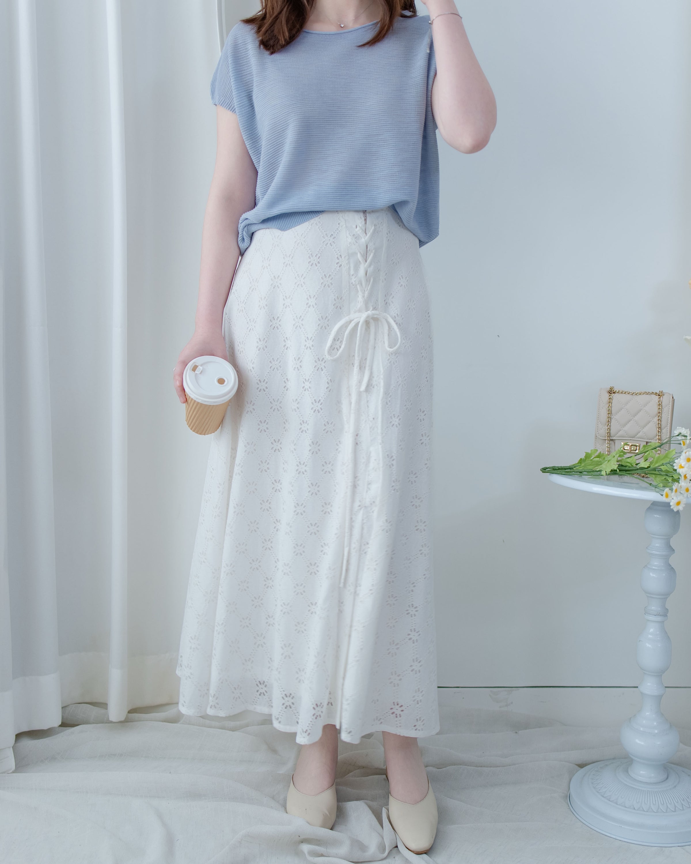 Embroidery Skirt 交叉打結棉質通花傘形半裙/ SK8941