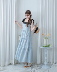 Striped Ribbon Dress 藍白拼黑色平口蝴蝶結傘形連身裙/ DS1109