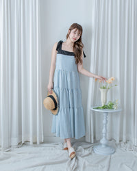 Striped Ribbon Dress 藍白拼黑色平口蝴蝶結傘形連身裙/ DS1109