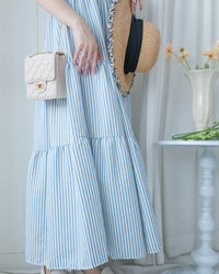 Striped Ribbon Dress 藍白拼黑色平口蝴蝶結傘形連身裙/ DS1109
