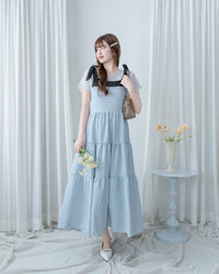Striped Ribbon Dress 藍白拼黑色平口蝴蝶結傘形連身裙/ DS1109