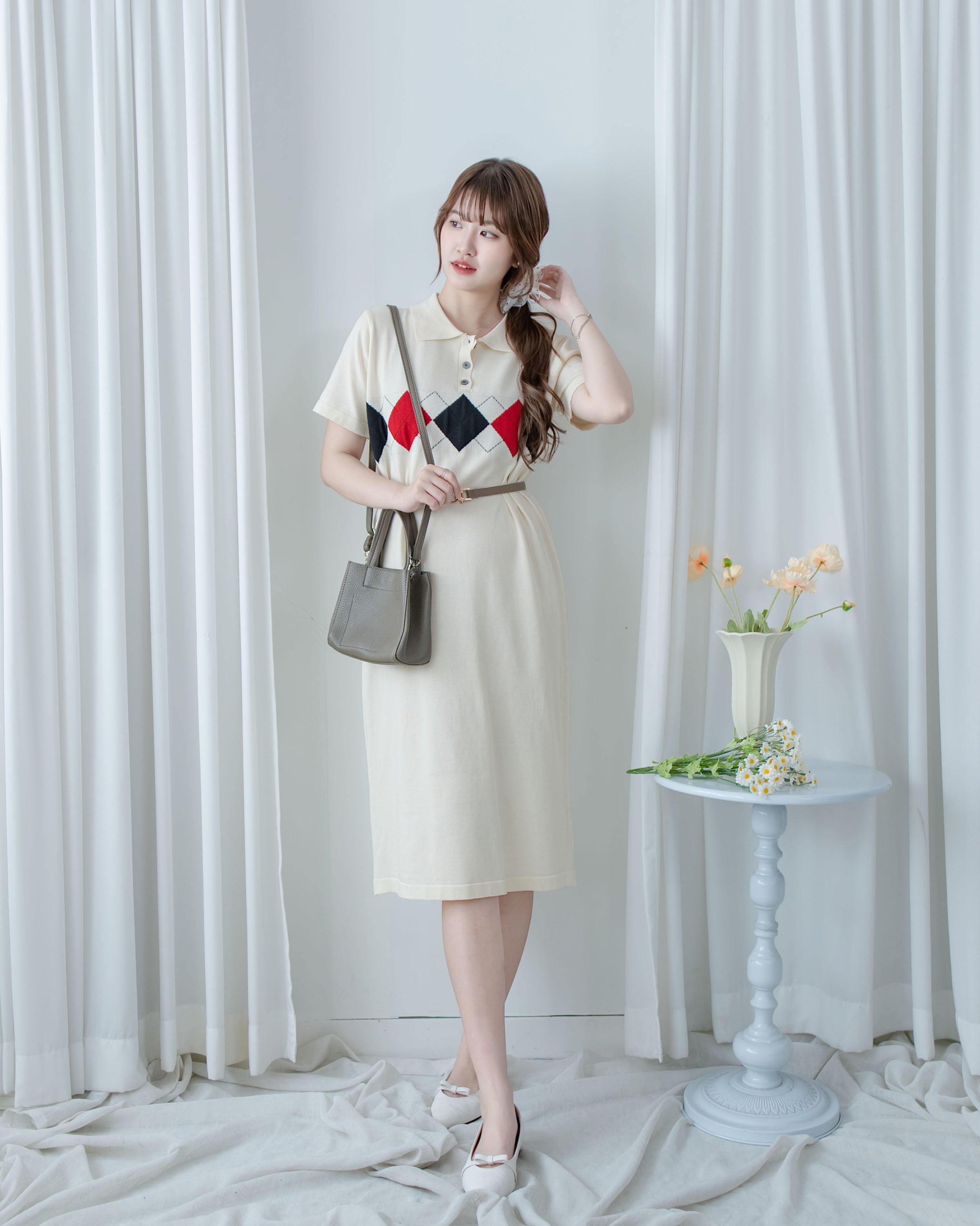 Check Knit Dress 英倫格紋翻領舒適連身裙/ DS1107