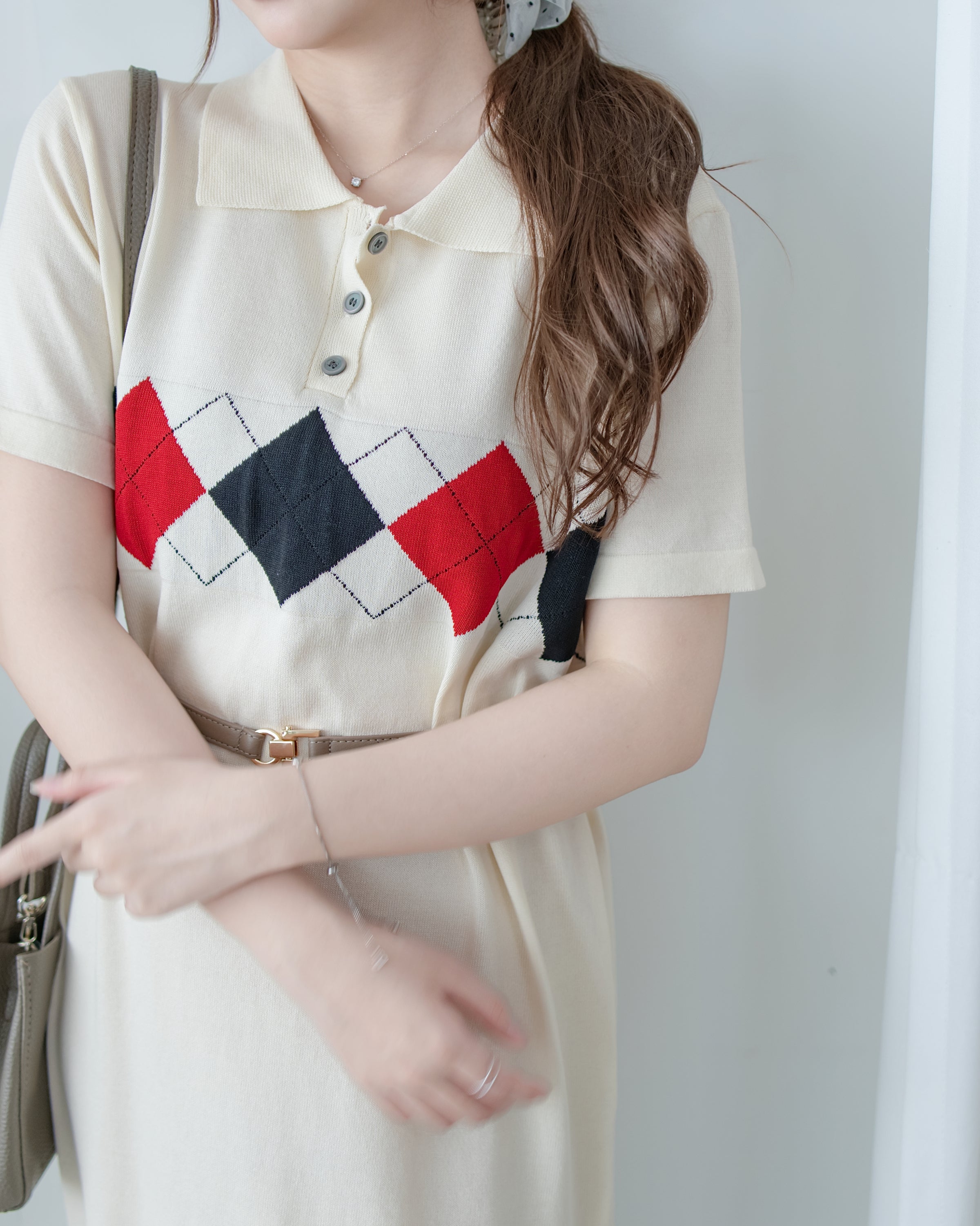 Check Knit Dress 英倫格紋翻領舒適連身裙/ DS1107