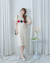 Check Knit Dress 英倫格紋翻領舒適連身裙/ DS1107