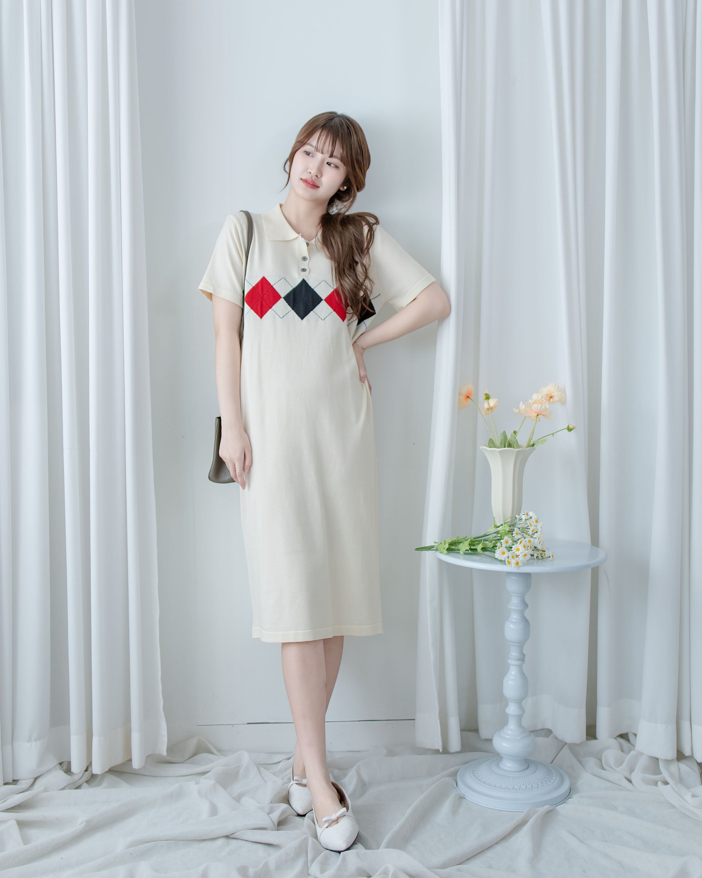 Check Knit Dress 英倫格紋翻領舒適連身裙/ DS1107