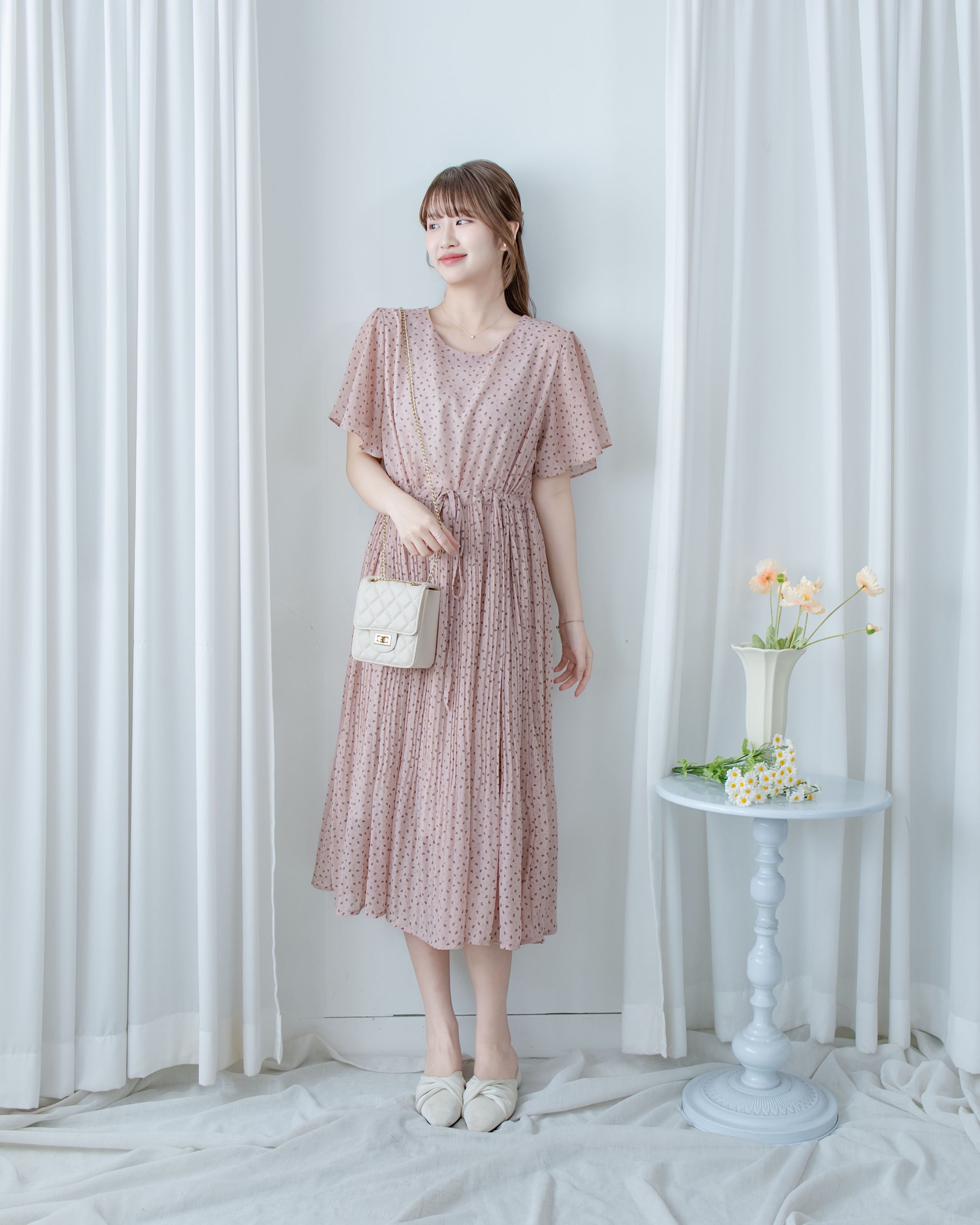 Shadow Floral Dress 輕盈影子細花束腰細褶連身裙/ DS1121 (pre-order tea-rose)