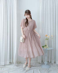 Shadow Floral Dress 輕盈影子細花束腰細褶連身裙/ DS1121 (pre-order tea-rose)