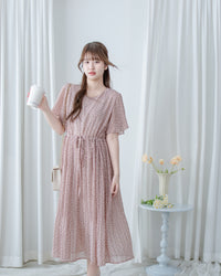 Shadow Floral Dress 輕盈影子細花束腰細褶連身裙/ DS1121 (pre-order tea-rose)