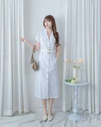 Marble White Dress 白色棉麻雲石腰帶修腰連身裙/ DS1123