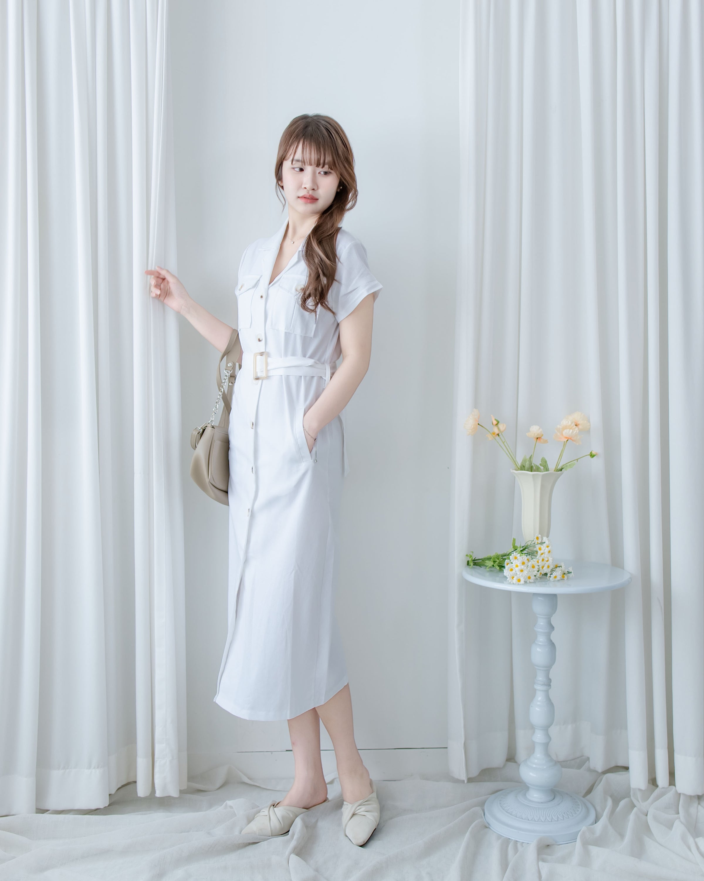 Marble White Dress 白色棉麻雲石腰帶修腰連身裙/ DS1123