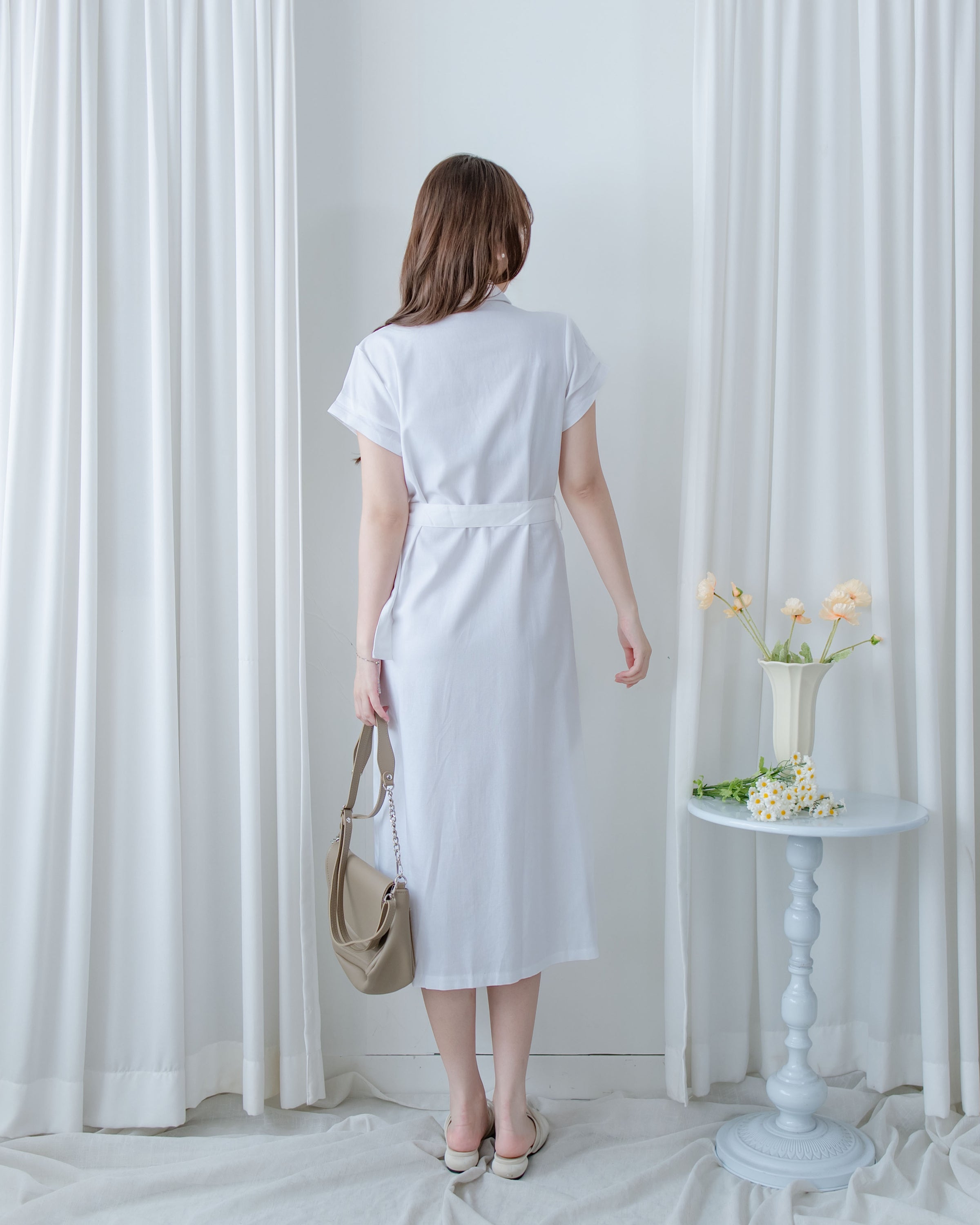 Marble White Dress 白色棉麻雲石腰帶修腰連身裙/ DS1123