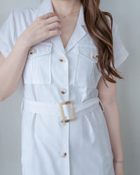 Marble White Dress 白色棉麻雲石腰帶修腰連身裙/ DS1123