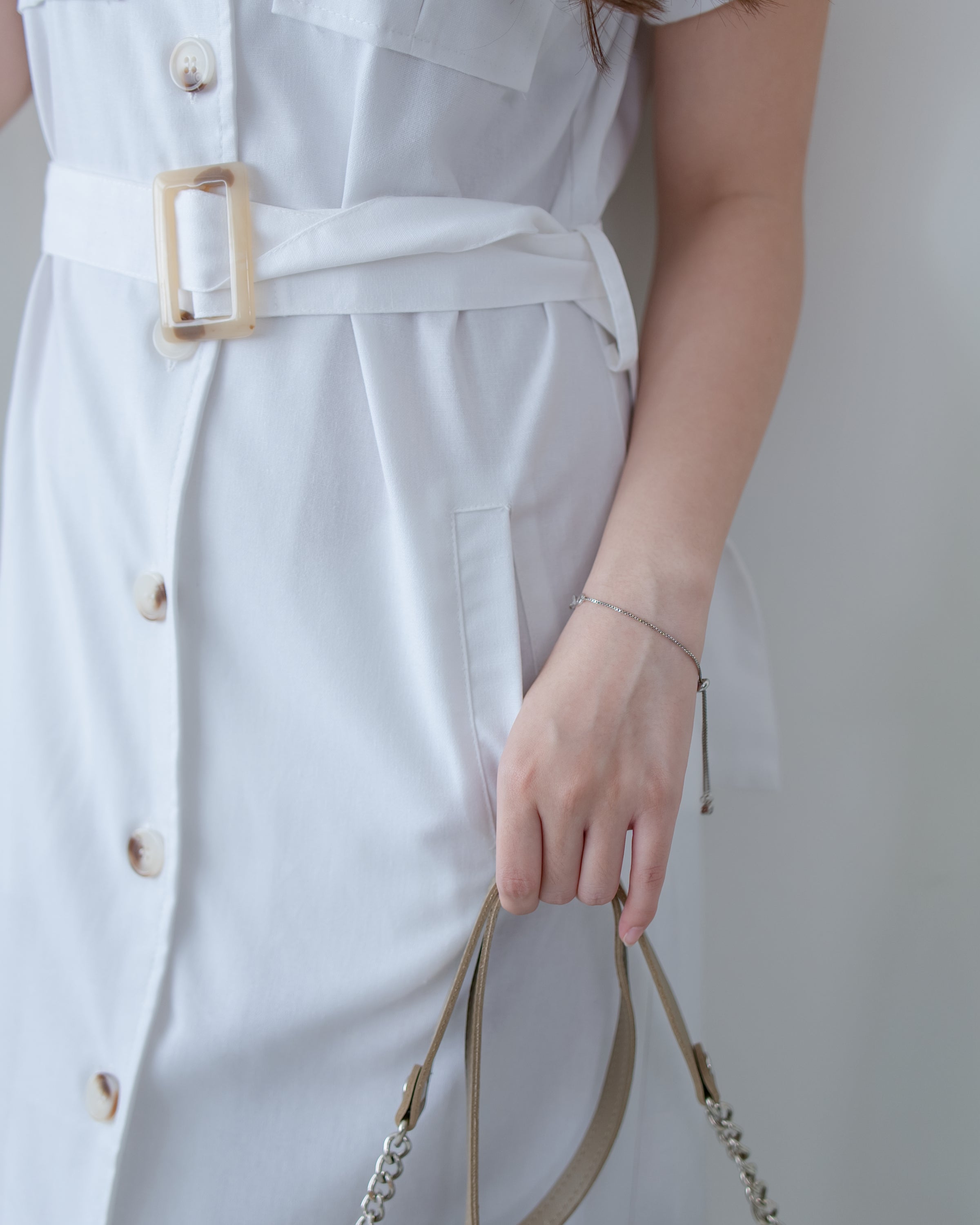 Marble White Dress 白色棉麻雲石腰帶修腰連身裙/ DS1123