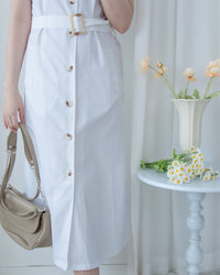 Marble White Dress 白色棉麻雲石腰帶修腰連身裙/ DS1123