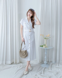 Marble White Dress 白色棉麻雲石腰帶修腰連身裙/ DS1123