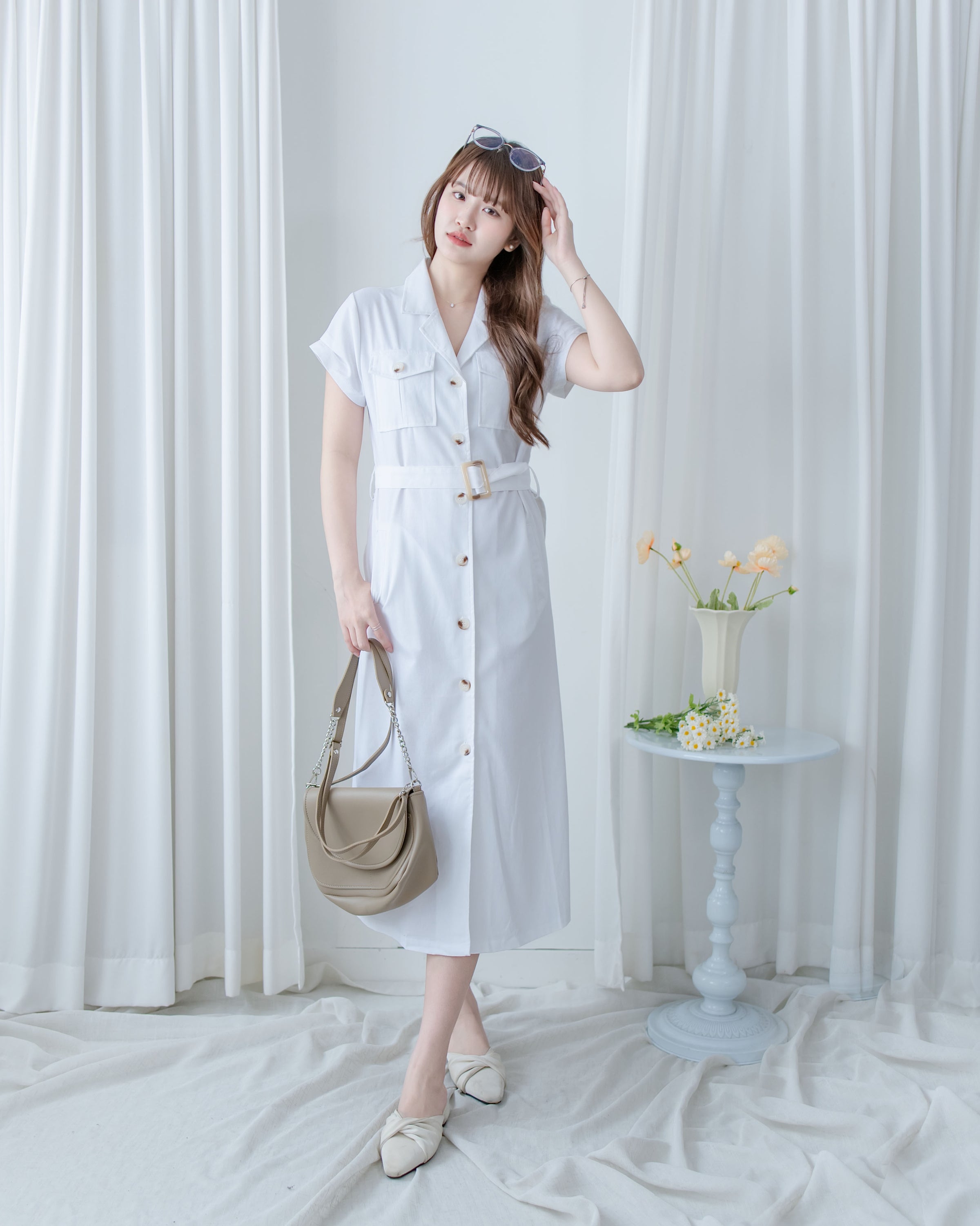 Marble White Dress 白色棉麻雲石腰帶修腰連身裙/ DS1123