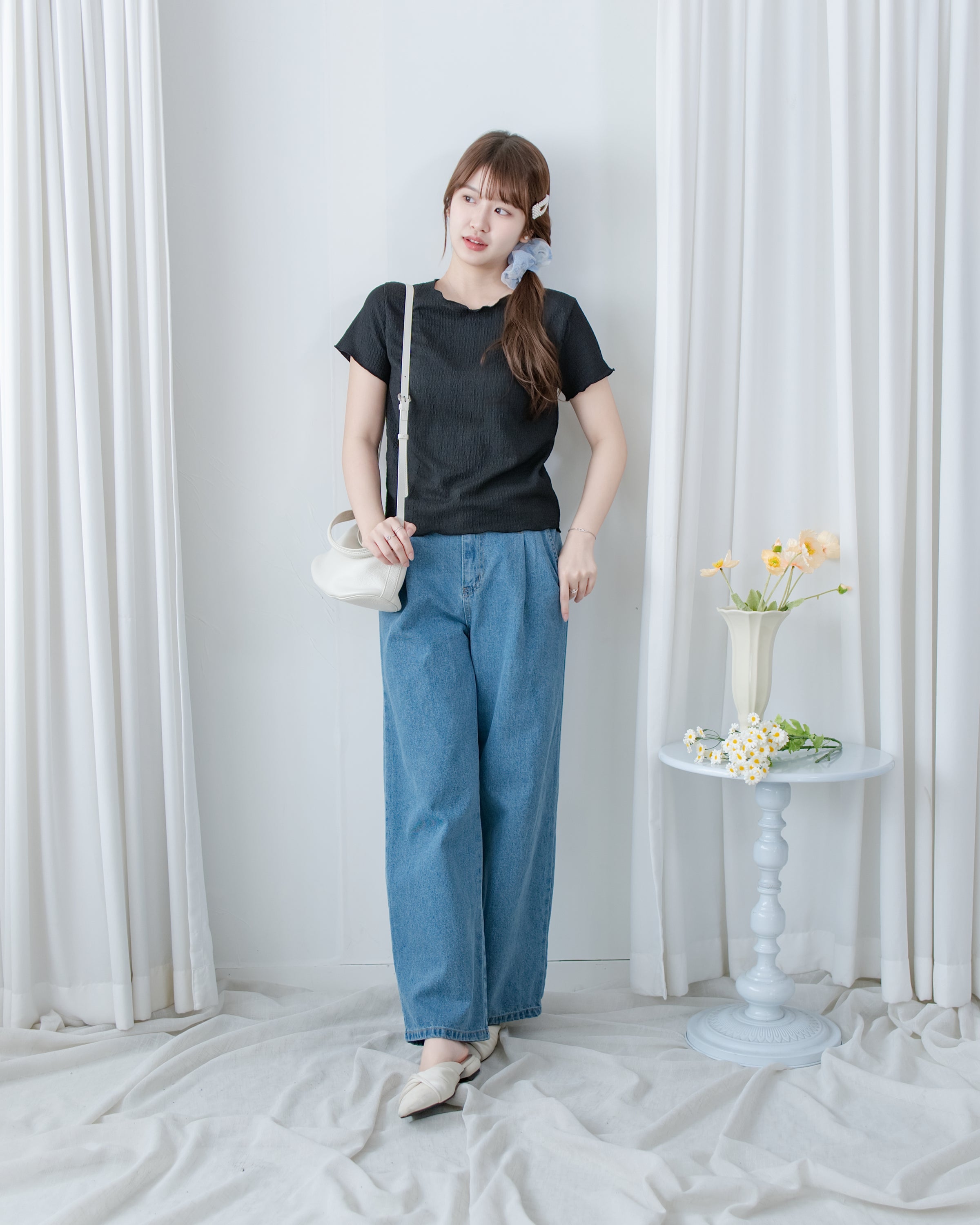Straight Denim Pants 後鬆緊簡約直筒闊腳牛仔褲/ PT8478