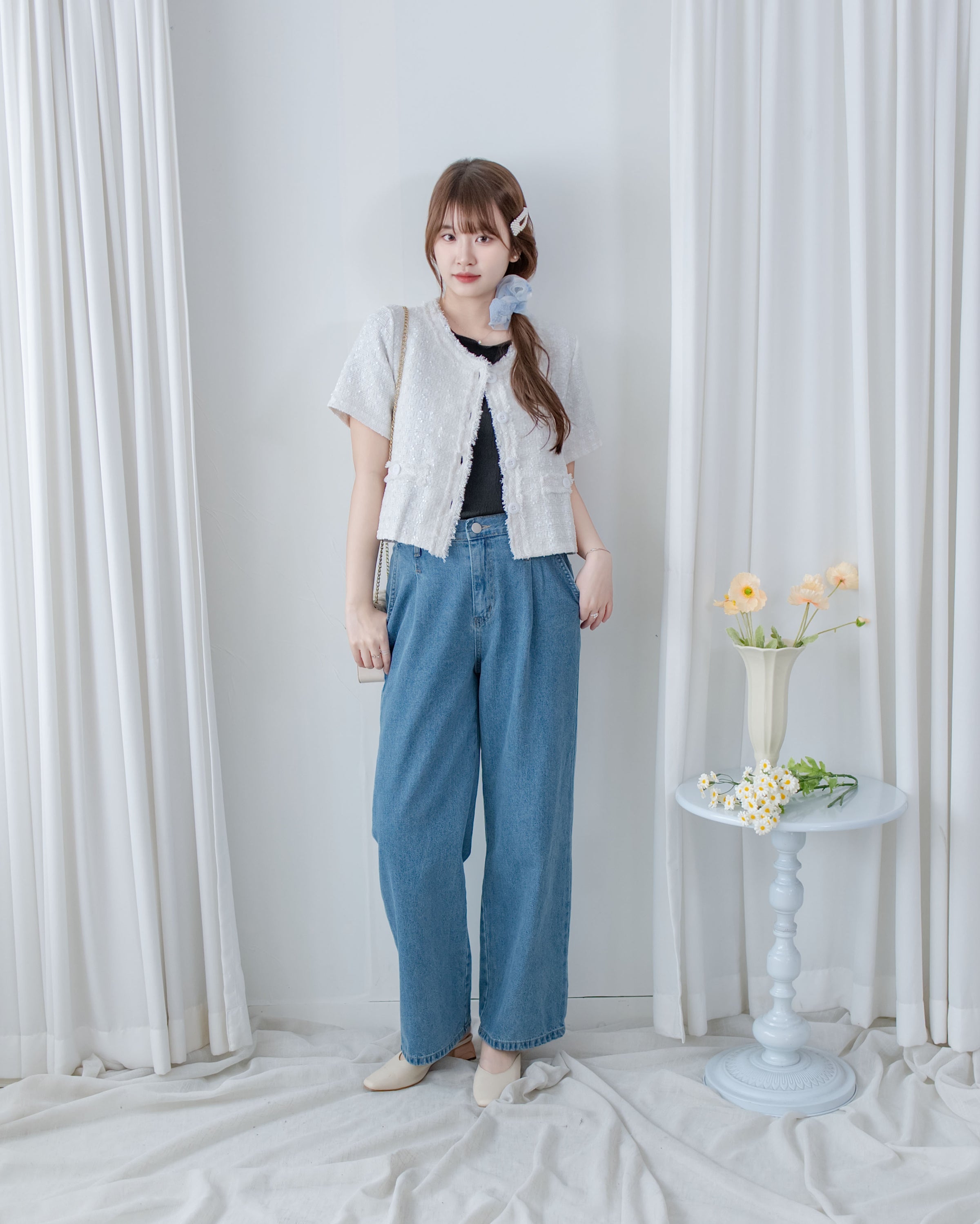 Straight Denim Pants 後鬆緊簡約直筒闊腳牛仔褲/ PT8478