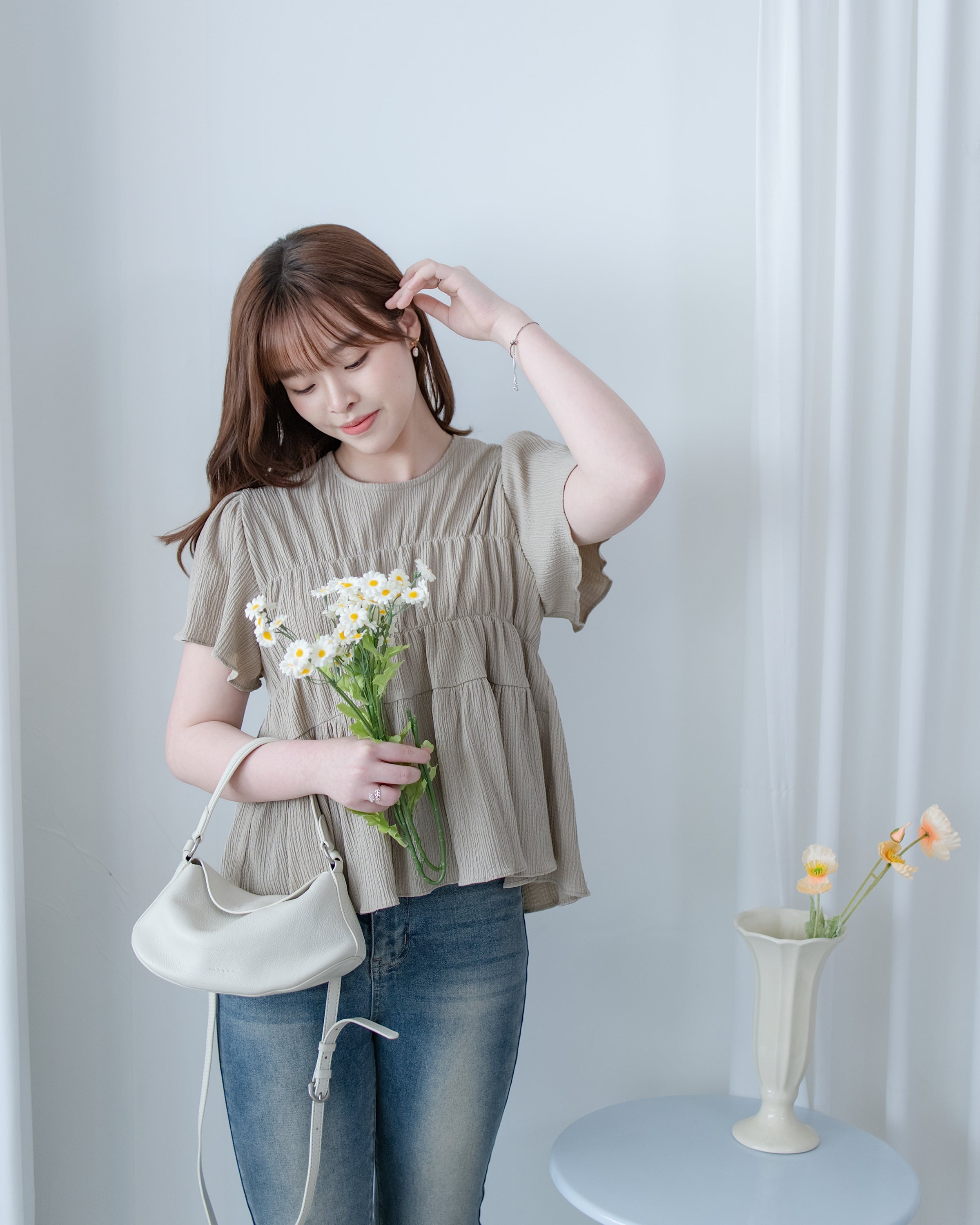 [intent label/intent製] Sophie Cotton Blouse 彈性防皺內橡筋顯瘦圓領上衣/ TPA8001