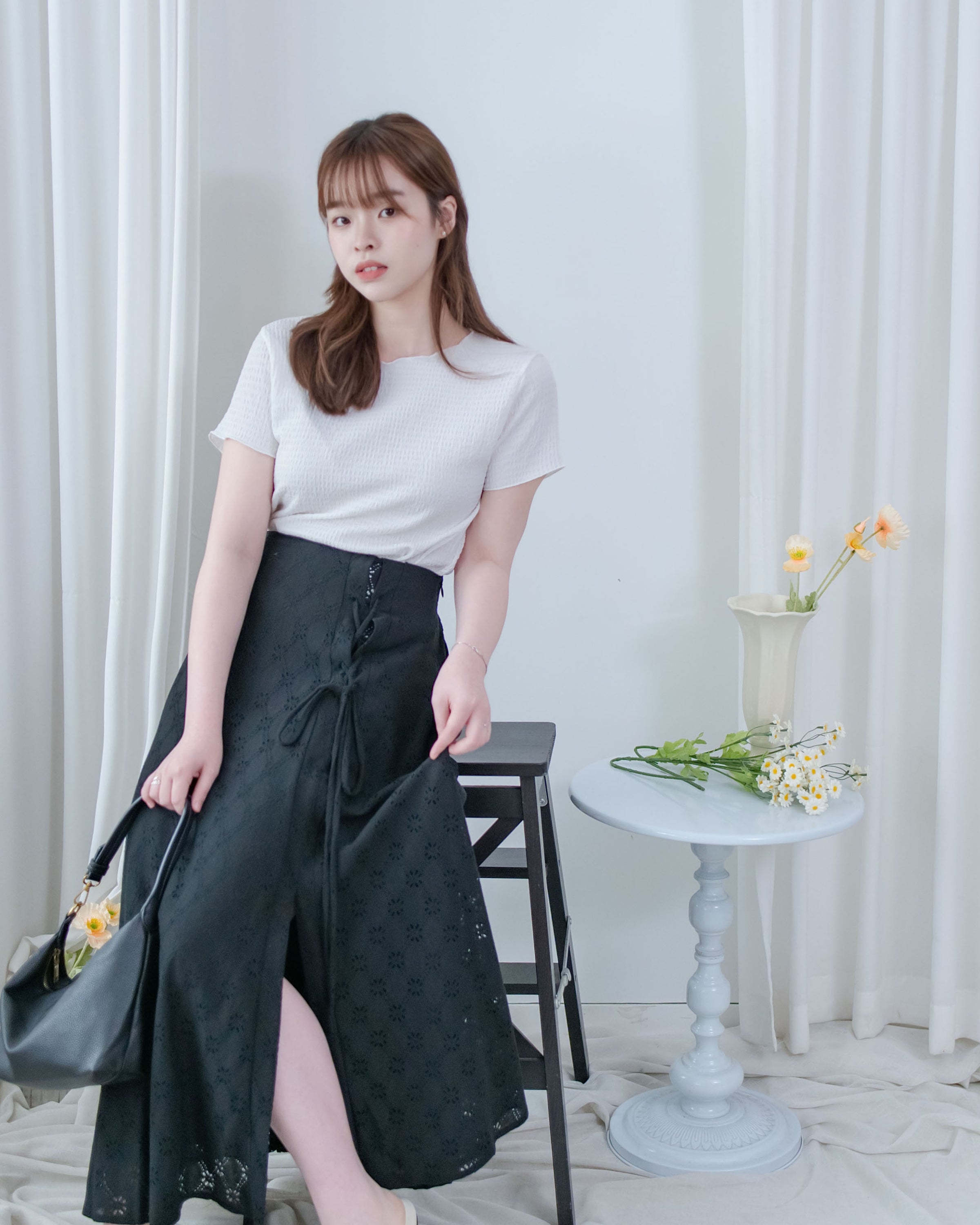 Embroidery Skirt 交叉打結棉質通花傘形半裙/ SK8941
