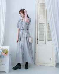Stripe Belted Dress 流線開孔金扣腰帶直條紋修腰連身裙/ DS1115
