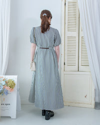 Stripe Belted Dress 流線開孔金扣腰帶直條紋修腰連身裙/ DS1115