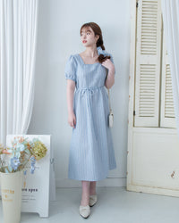 Ethnic Striped Dress 民族細邊方領後蝴蝶連身裙/ DS1128