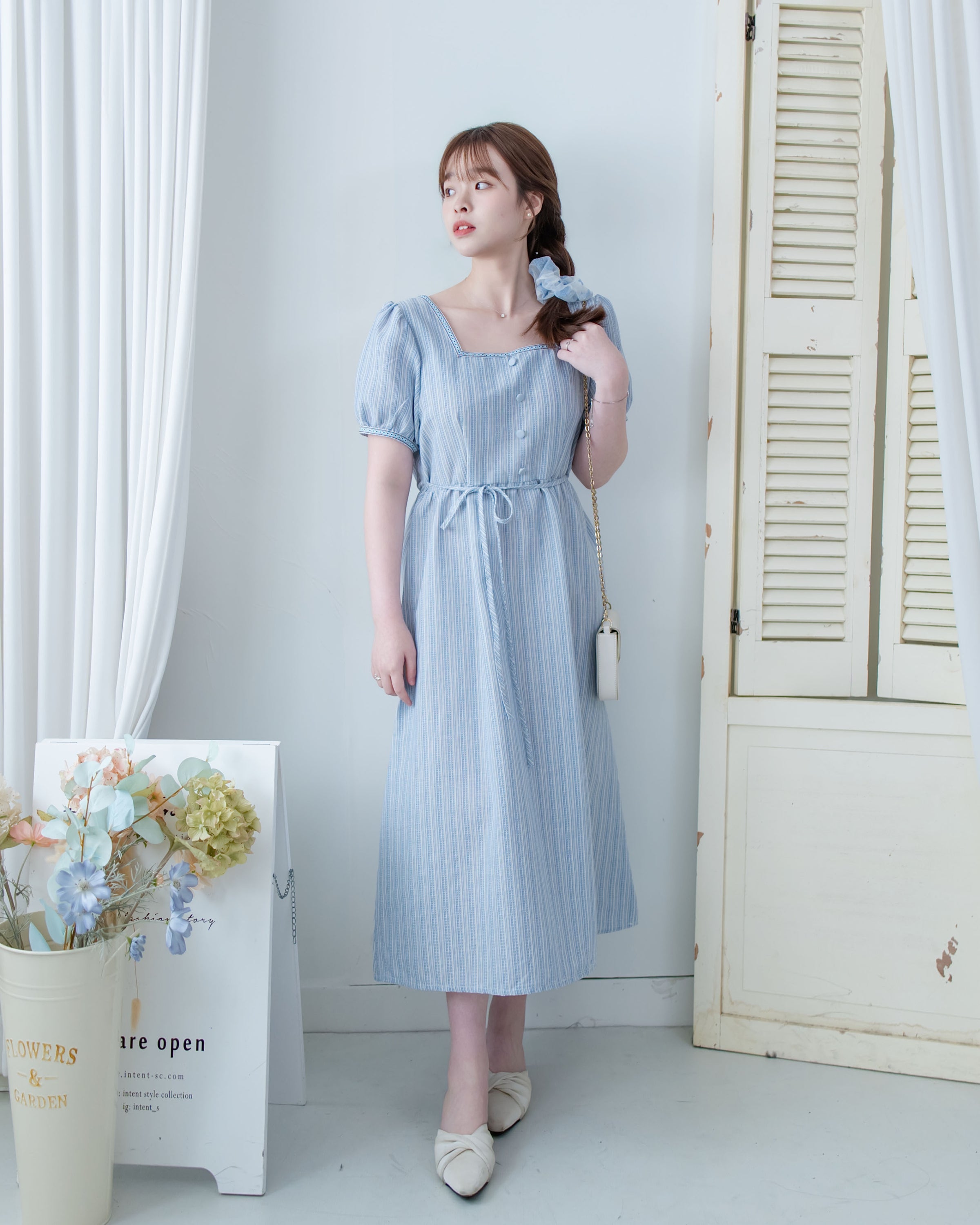 Ethnic Striped Dress 民族細邊方領後蝴蝶連身裙/ DS1128