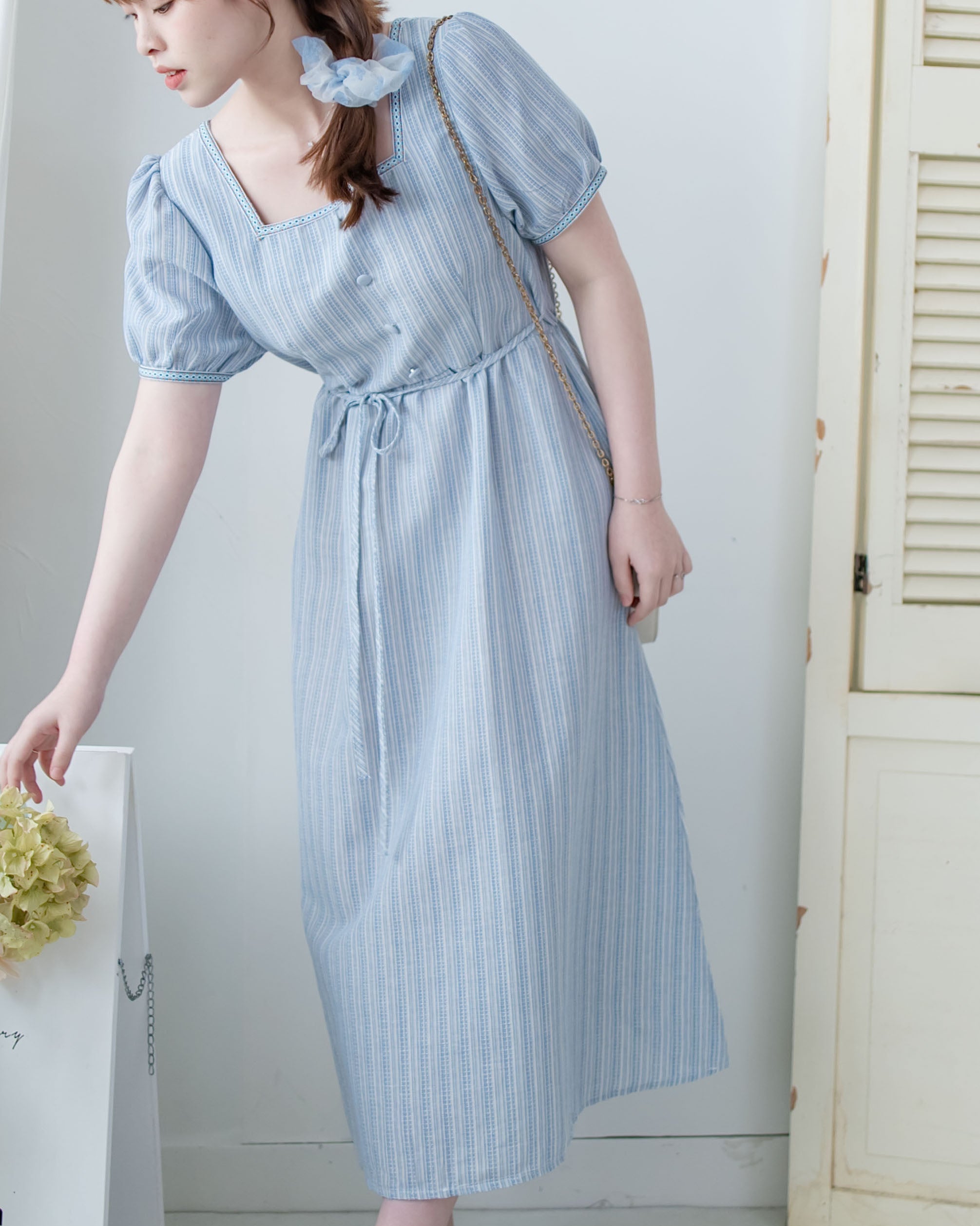 Ethnic Striped Dress 民族細邊方領後蝴蝶連身裙/ DS1128